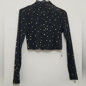 NWT Black Starry Women's Mock Neck Sheer Crop Top